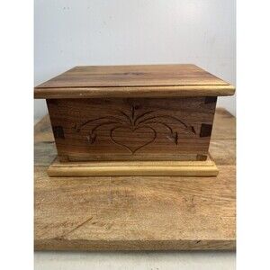 Rustic Wooden Keepsake Jewelry Trinket Box with Heart Carved Hinged Lid Lined